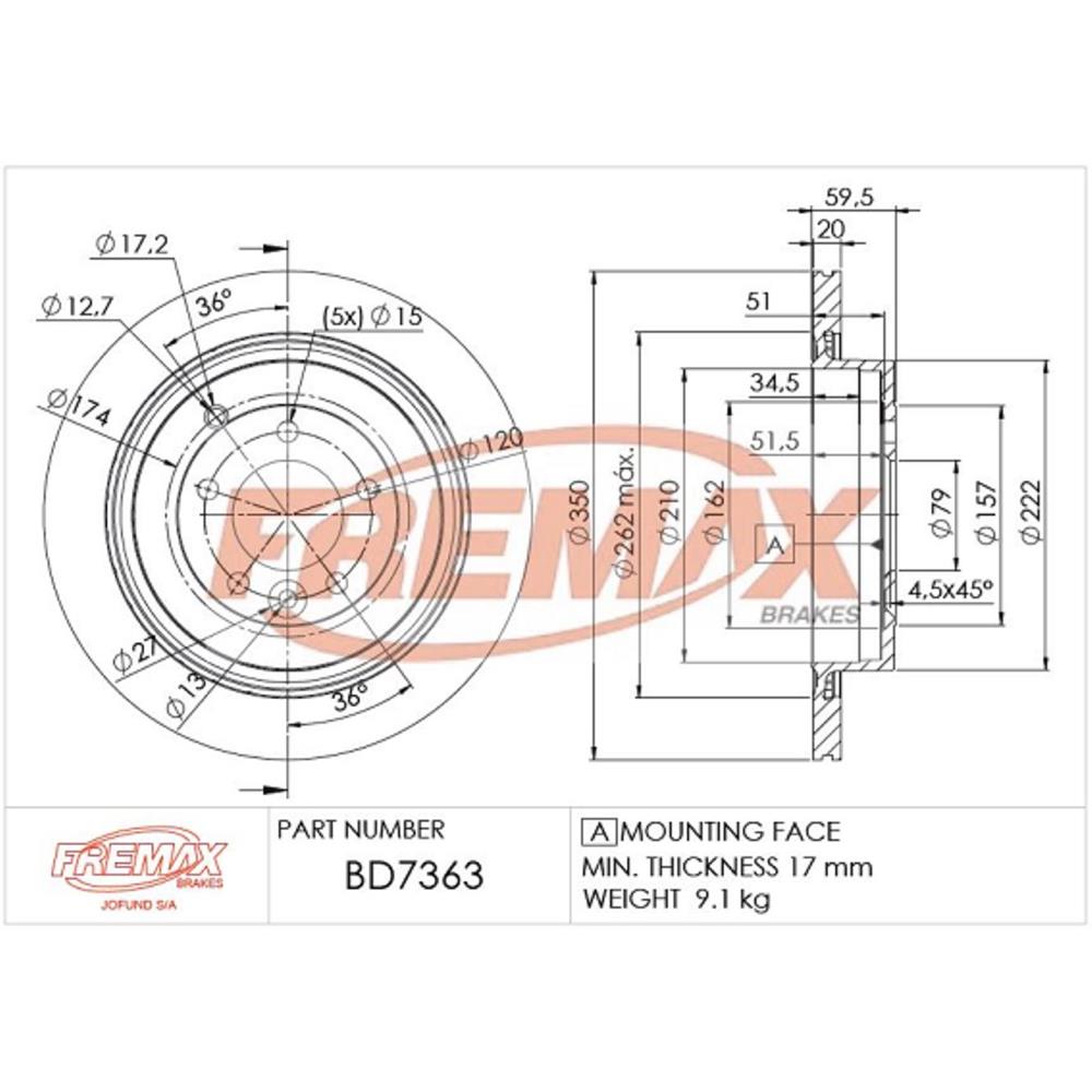 Disco de Freio Ventilado Traseiro Fremax BD7363 Caixa com 2 Land Rover Discovery IV/Discovery Iii/Range Rover Sport I
