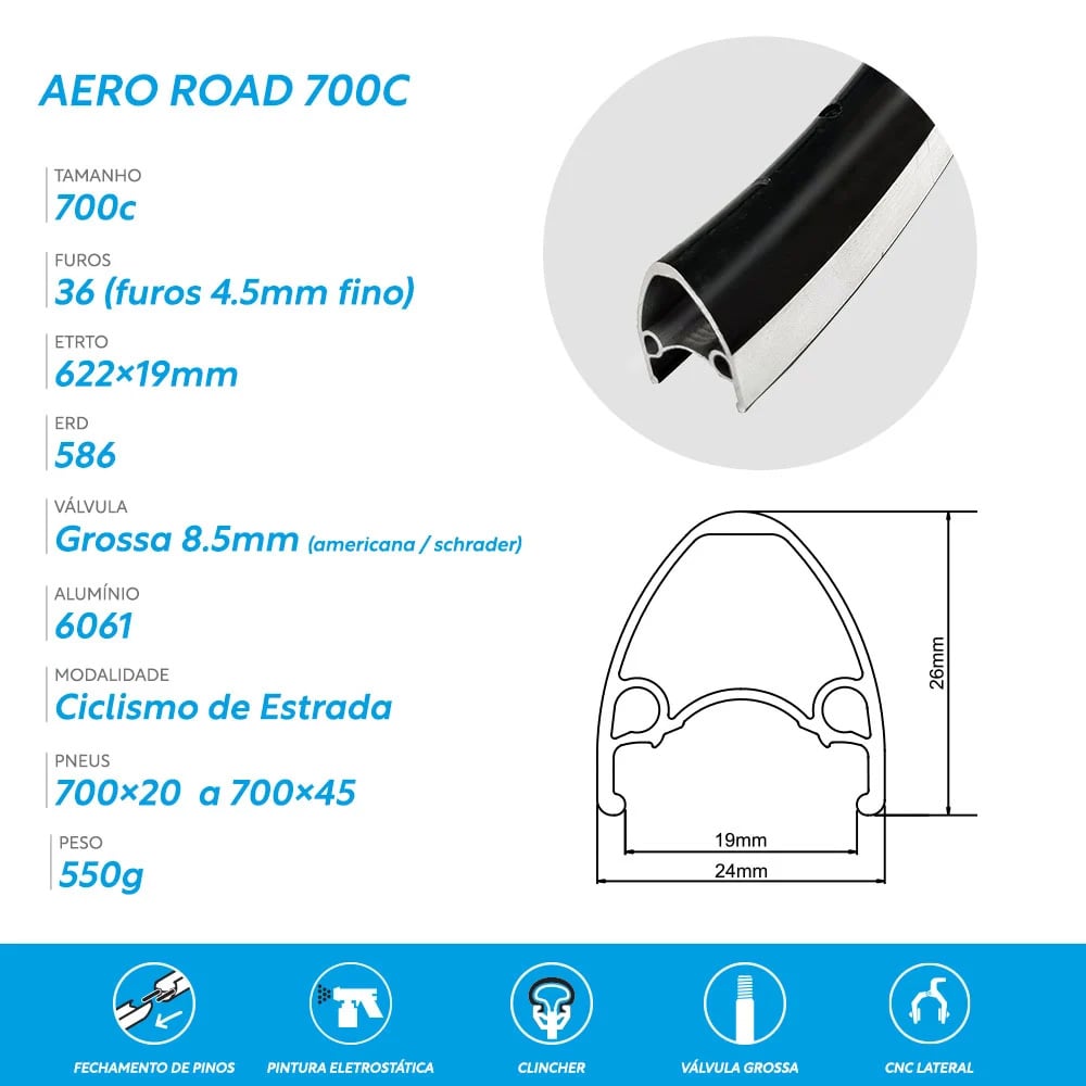 Aro 700 aero road 36 furos preto para freio side pull – foto 3