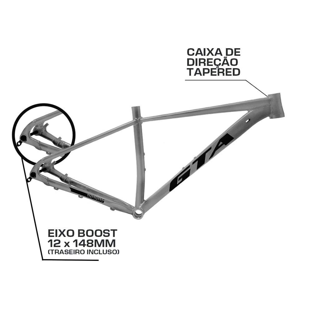 Quadro 29 alumínio gta infinite tam 21 tapered e boost cinza com eixo passante