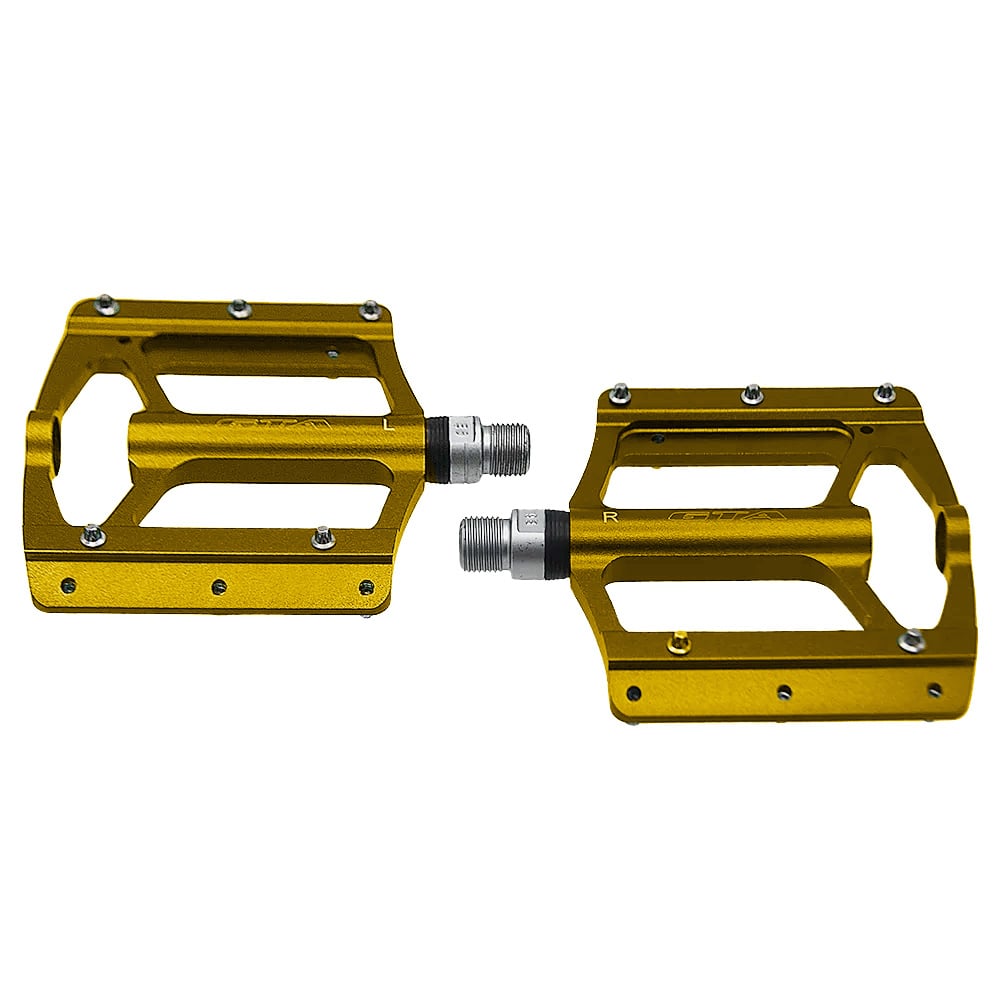Pedal 9/16 colorido plataforma alumínio dourado com eixo em cromoly com rolamentos selados e pinos removíveis