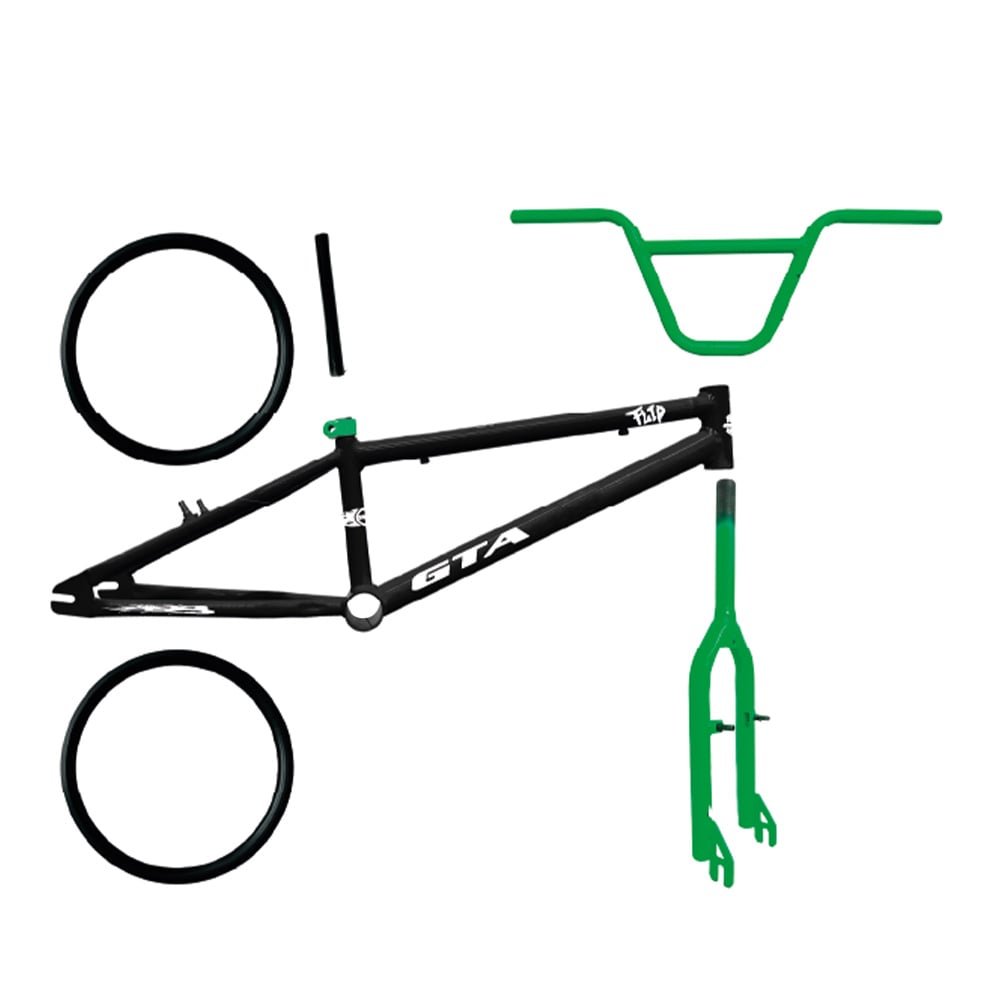 Quadro 20 bmx gta flip preto e verde com kit (par de aro, guidao, garfo e canote)