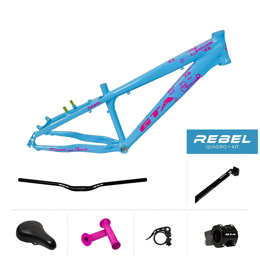 Quadro 26 freeride gta rebel azul e pink + guidão + sup guidão + canote + selim + manopla + abraçadeira canote