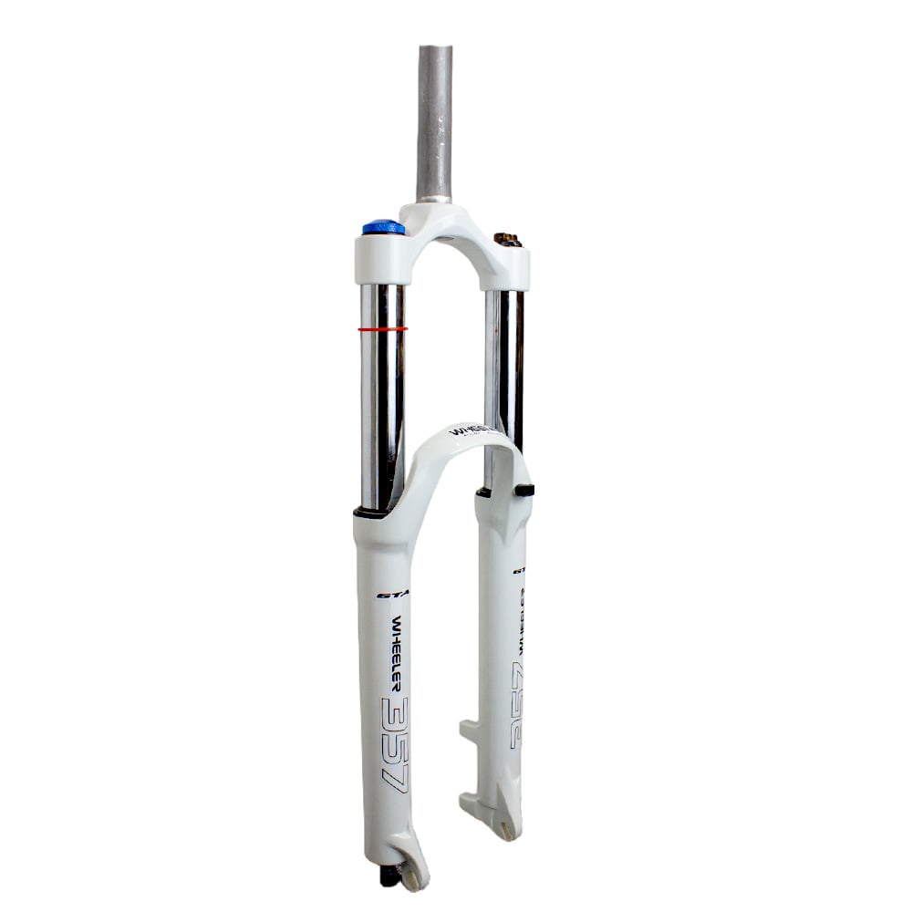 Suspensão 26 alumínio 150mm canela grossa 42mm aheadset 28.6mm com curso de 150mm com trava no ombro e ajuste de retorno modelo wheeler cor branco