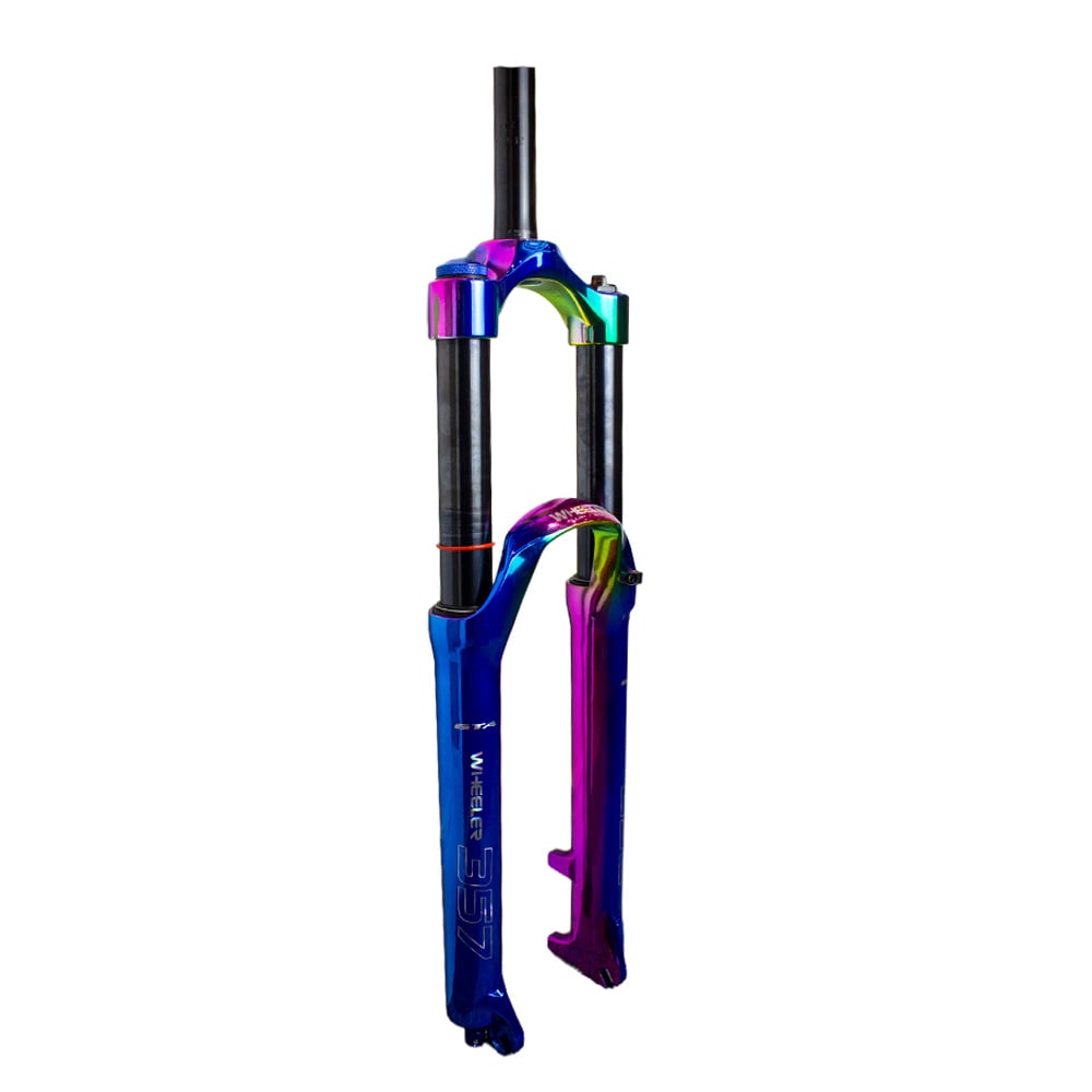 Suspensão 26 alumínio 150mm canela grossa 42mm aheadset 28.6mm com curso de 150mm com trava no ombro e ajuste de retorno modelo wheeler cor camaleão