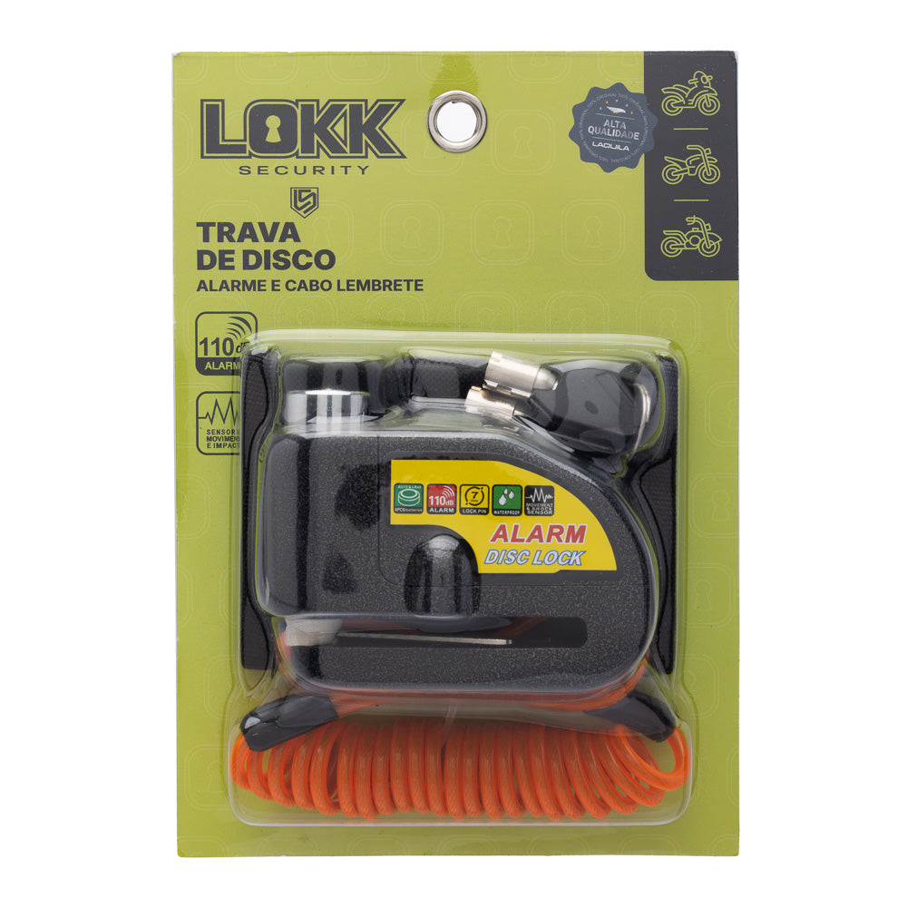 Trava de Disco Lokk Security Anti-Furto com Alarme e Cabo Lembrete - Case para Transporte - Amarelo - Pino 7mm