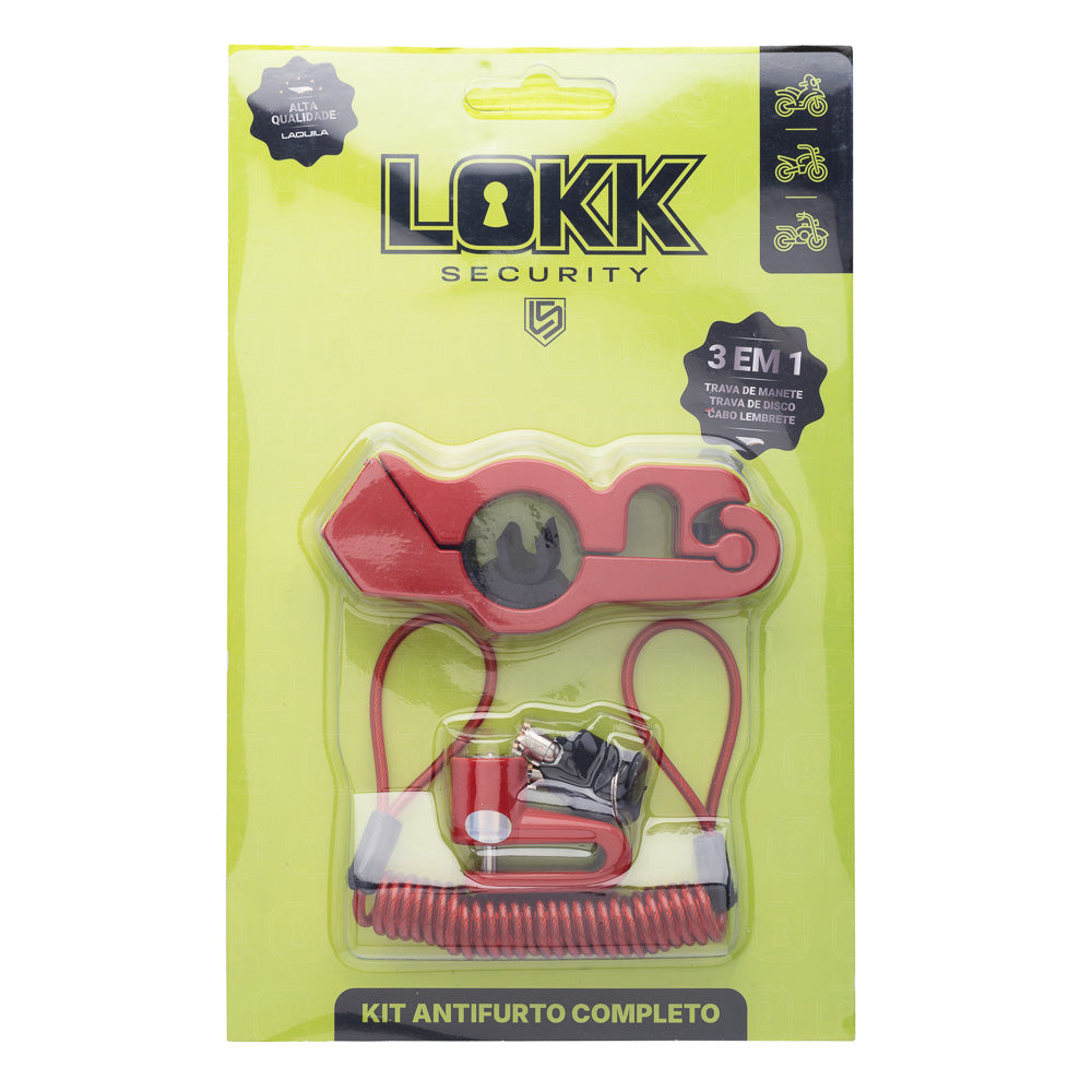 Trava (Kit com 3 Peças) Lokk Security Anti-Furto – Vermelho (Trava de Disco + Trava de Manete + Cabo Lembrete)
