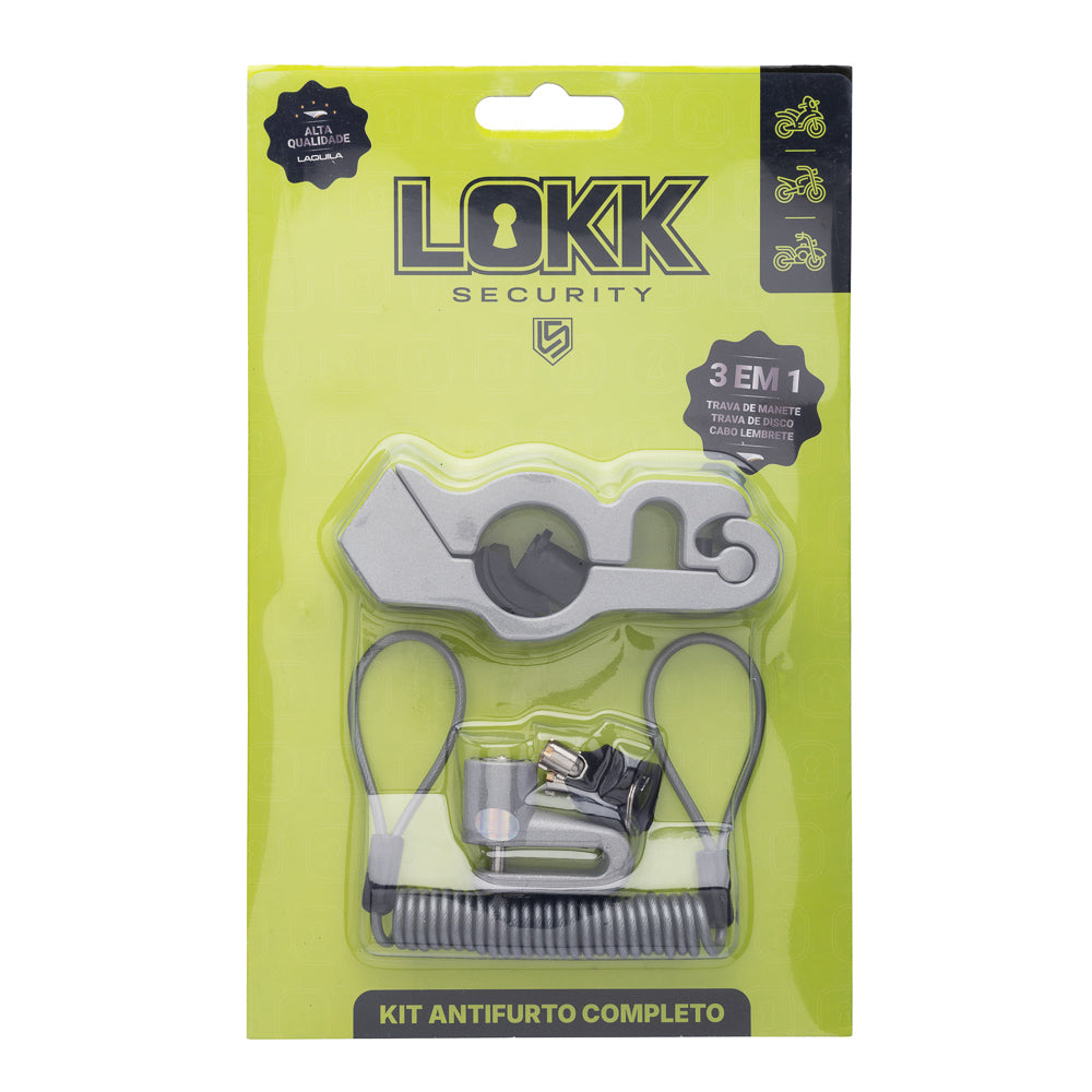 Trava (Kit com 3 Peças) Lokk Security Anti-Furto – Prata (Trava de Disco + Trava de Manete + Cabo Lembrete)