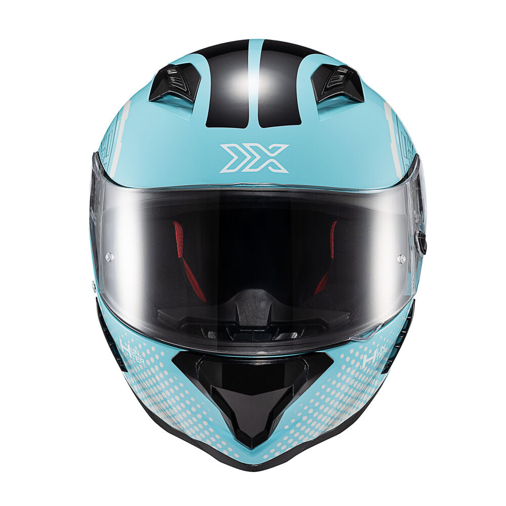 Capacete Texx Fechado Hunter Draco Preto Azul Tiffany Branco e Cinza Brilho – foto 1