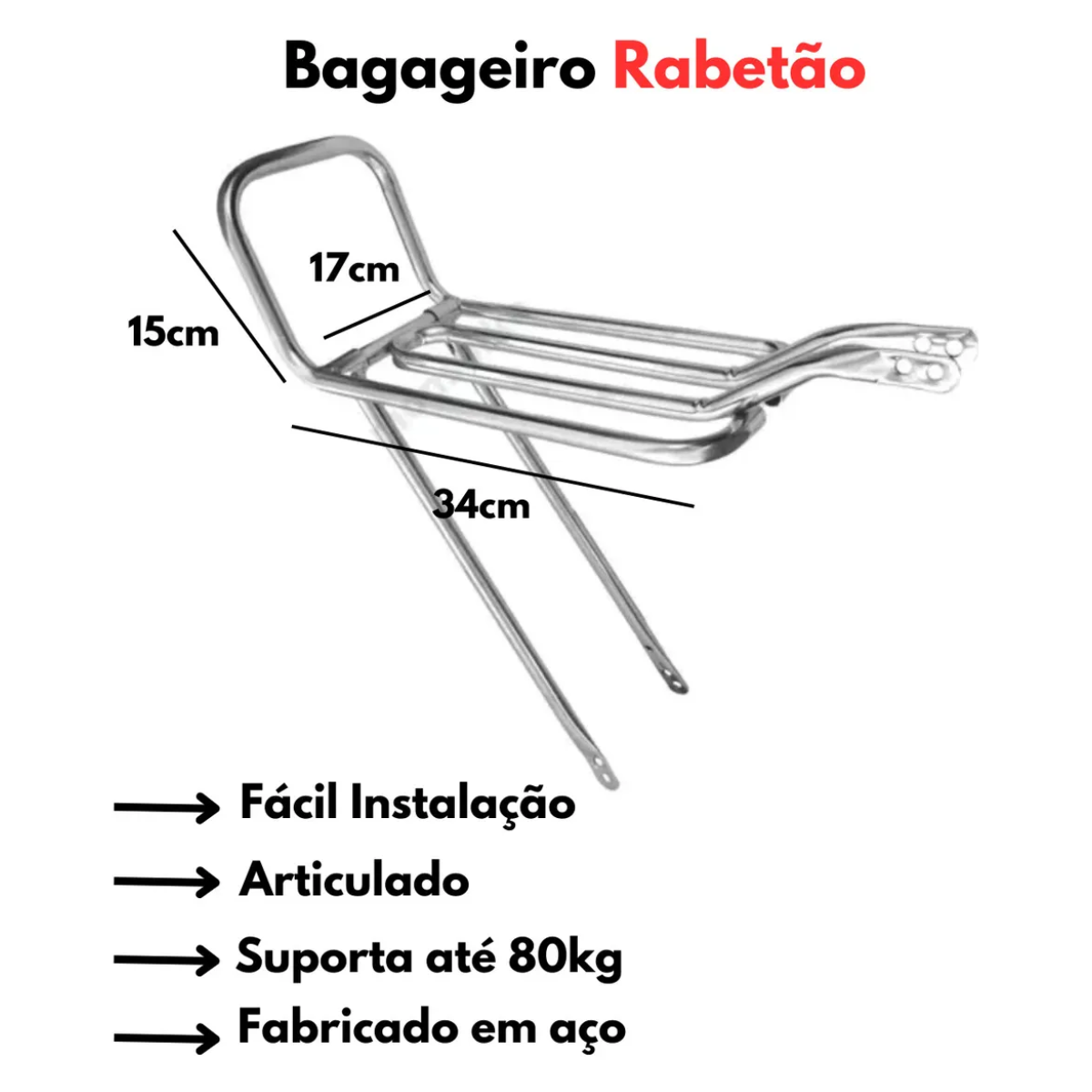 Bagageiro Articulado Aro 26 Rabetão em Aço Cromado Prata