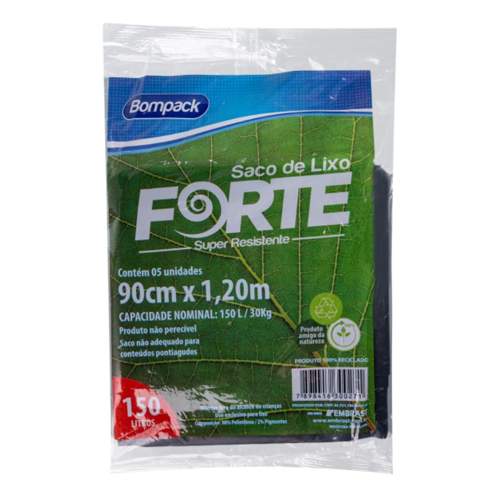 Saco de Lixo Bompack Embrast 150L Forte Reforçado Preto com 5 unidades