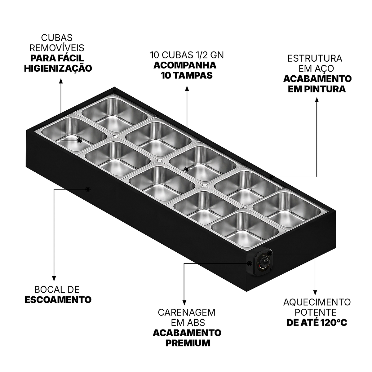 Buffet Térmico de Mesa Aquecido Saro BFM10 10 Cubas com Tampa