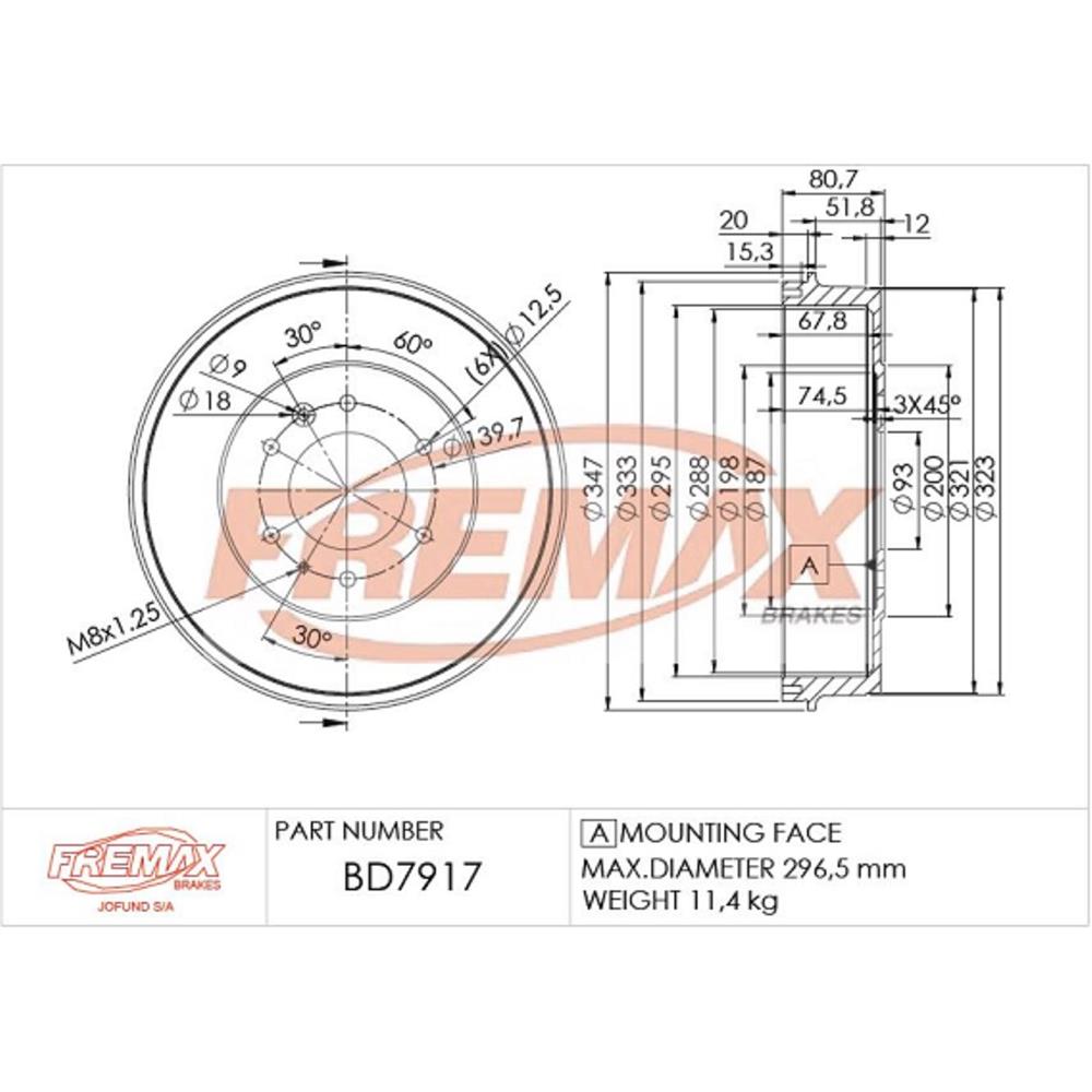 Tambor de Freio Traseiro Fremax BD7917 Ford Ranger