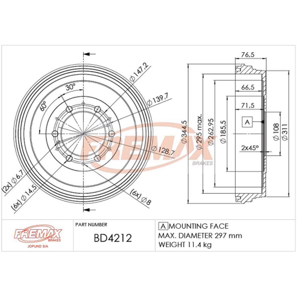 Tambor de Freio Traseiro Fremax BD4212 Toyota Hilux SW4/Hilux