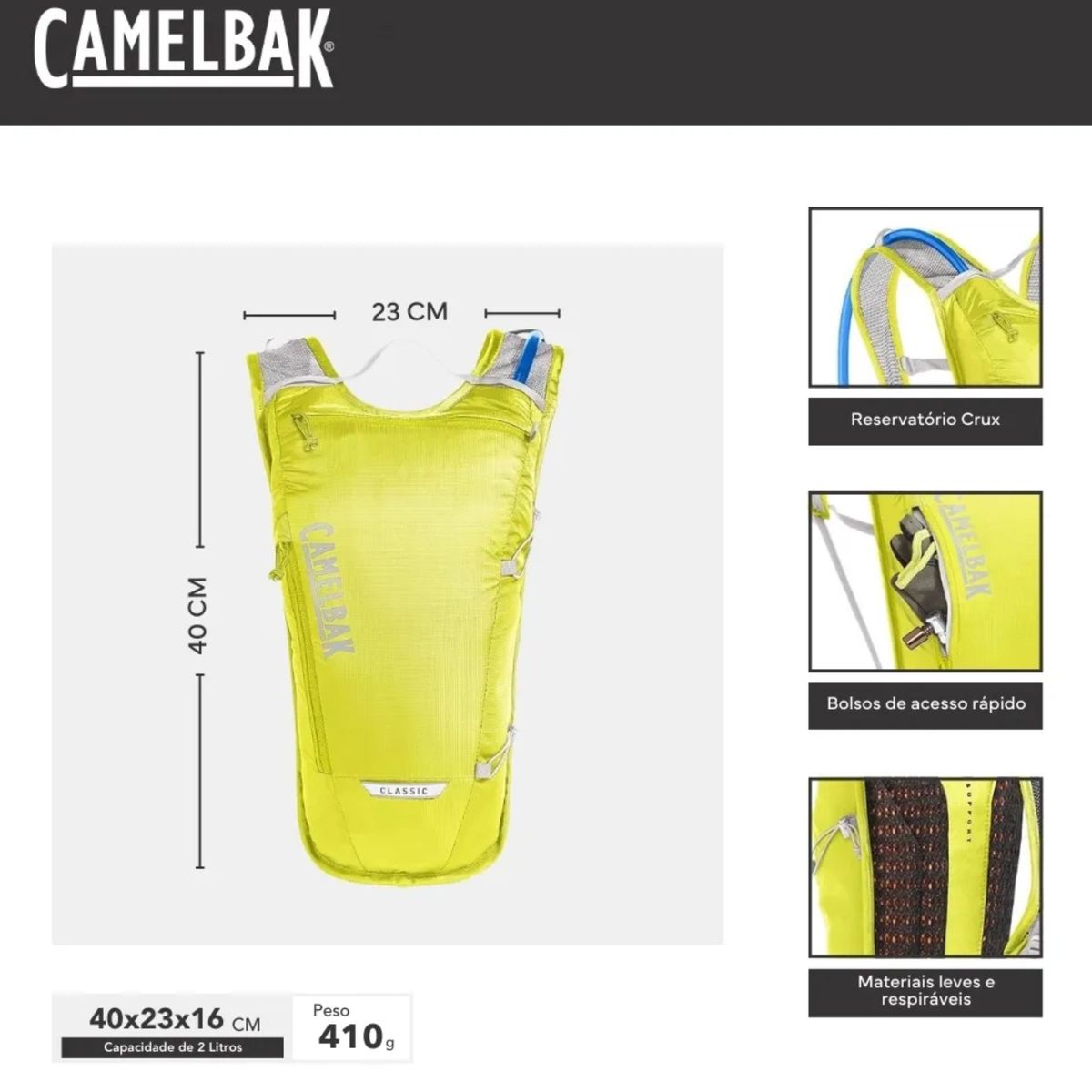 Mochila De Hidratação Camelbak Classic Light 2 Litros Crux Cor Amarelo Fluor