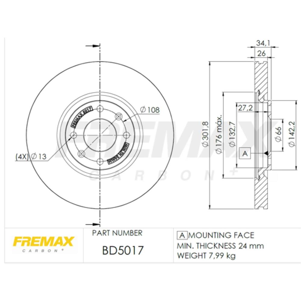 Disco de Freio Ventilado Dianteiro Fremax BD5017 Caixa com 2 Peugeot 308/208/3008, Citroen C4 Pallas/DS5/C4 Lounge/C4 Vtr/DS4