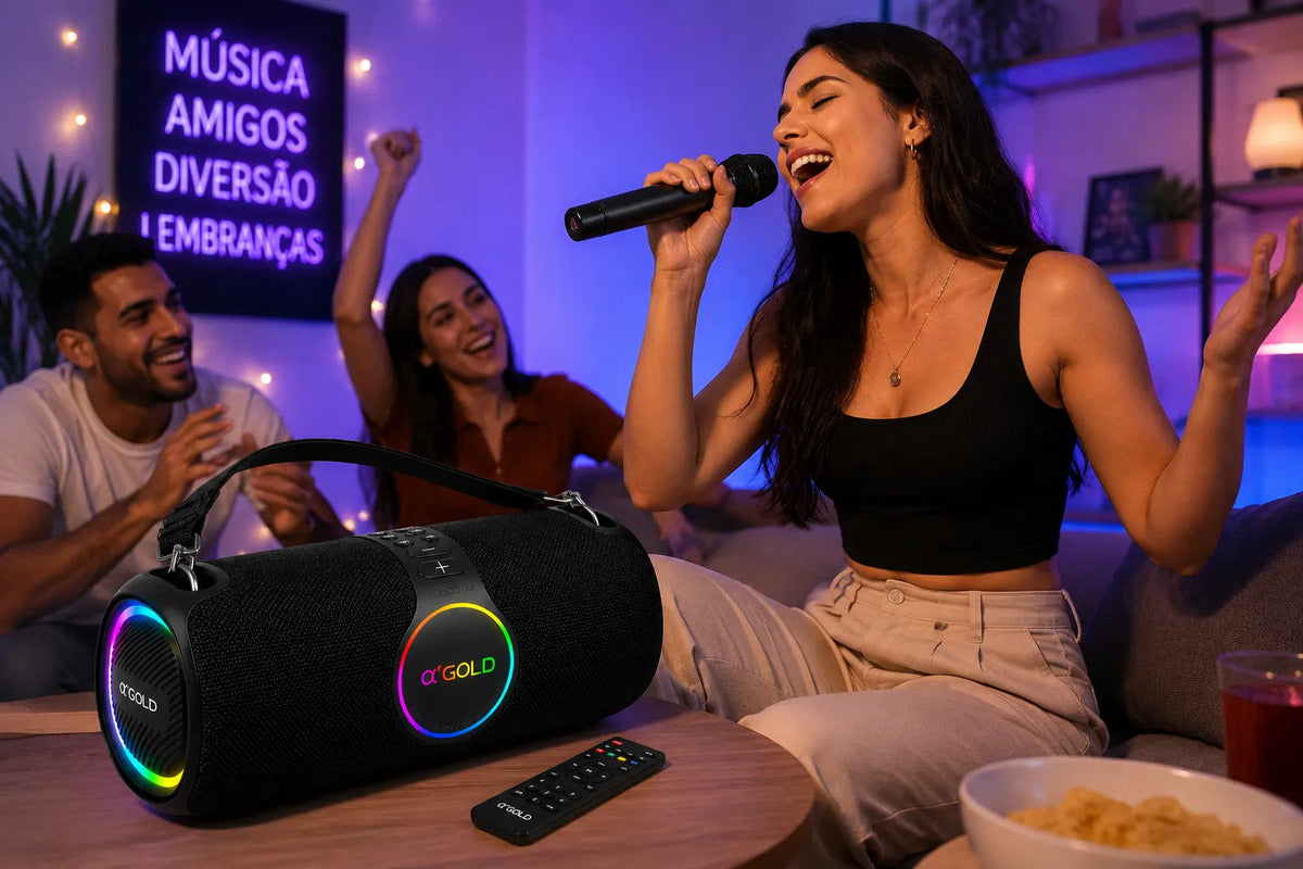 Caixa de Som Bluetooth Portátil com Microfone e Karaokê 120W A'Gold SM-32