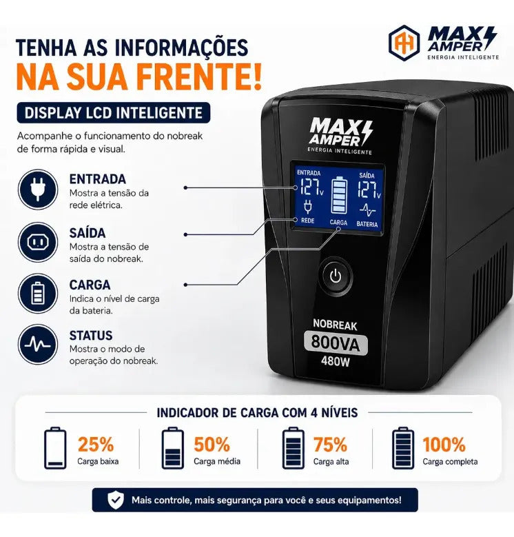 Nobreak com Display LCD 800VA 480W 220V Bateria Selada It-Blue MAX-0402