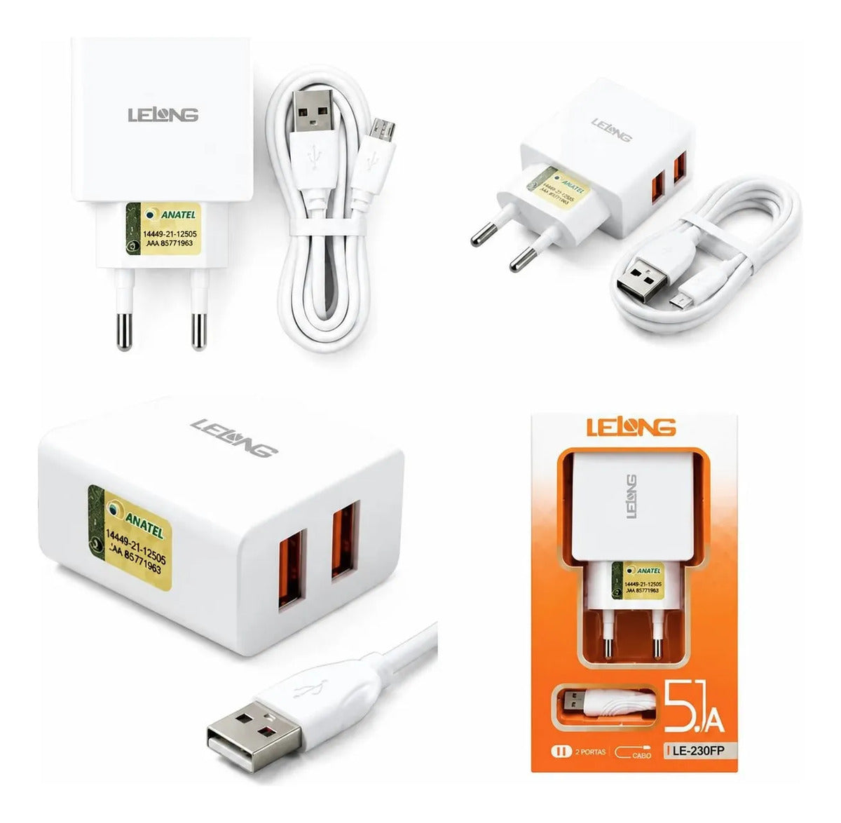 Carregador de Parede com 2 Portas USB 5.1A e Cabo de 1 m Lelong LE-230FP