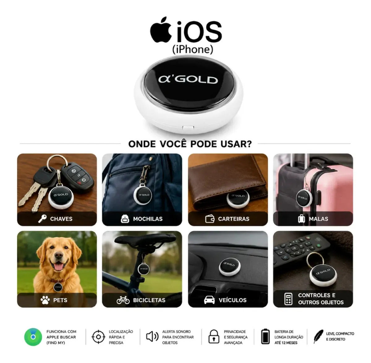 Rastreador de Dispositivos Bluetooth para iPhone (App Buscar) A'Gold TCD-06K