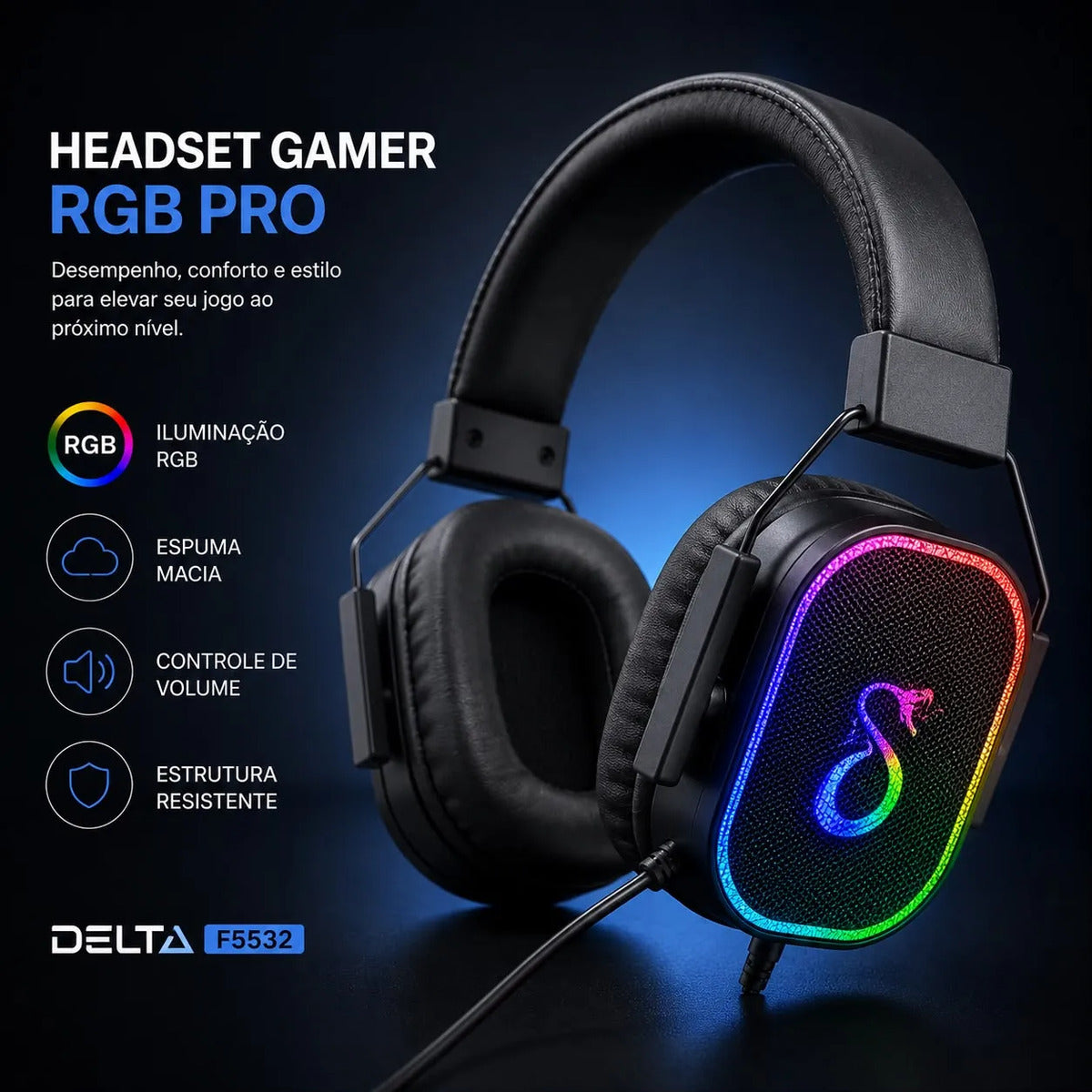 Fone de Ouvido Headset Gamer RGB com Microfone P2 e USB Aitek Delta F5532