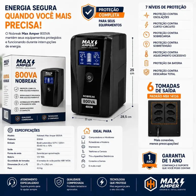 Nobreak com Display LCD 800VA 480W 220V Bateria Selada It-Blue MAX-0402