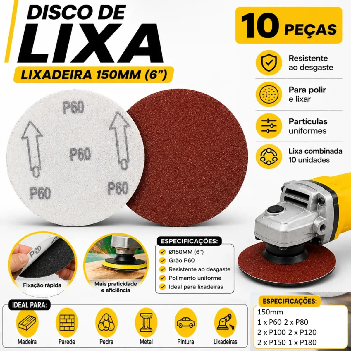 Kit com 10 Discos de Lixa para Lixadeira 150mm Grãos P60 e P180 Fecho de Contato Bomvink BOM-5603