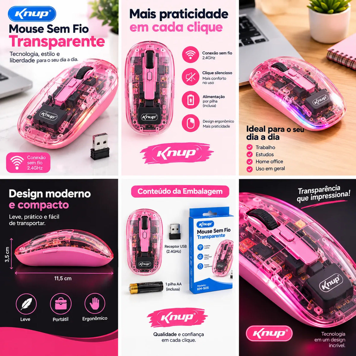 Mouse Sem Fio RGB 2.4 GHz com 3 Níveis de DPI 800/1200/1600 Ambidestro Knup KP-MU029
