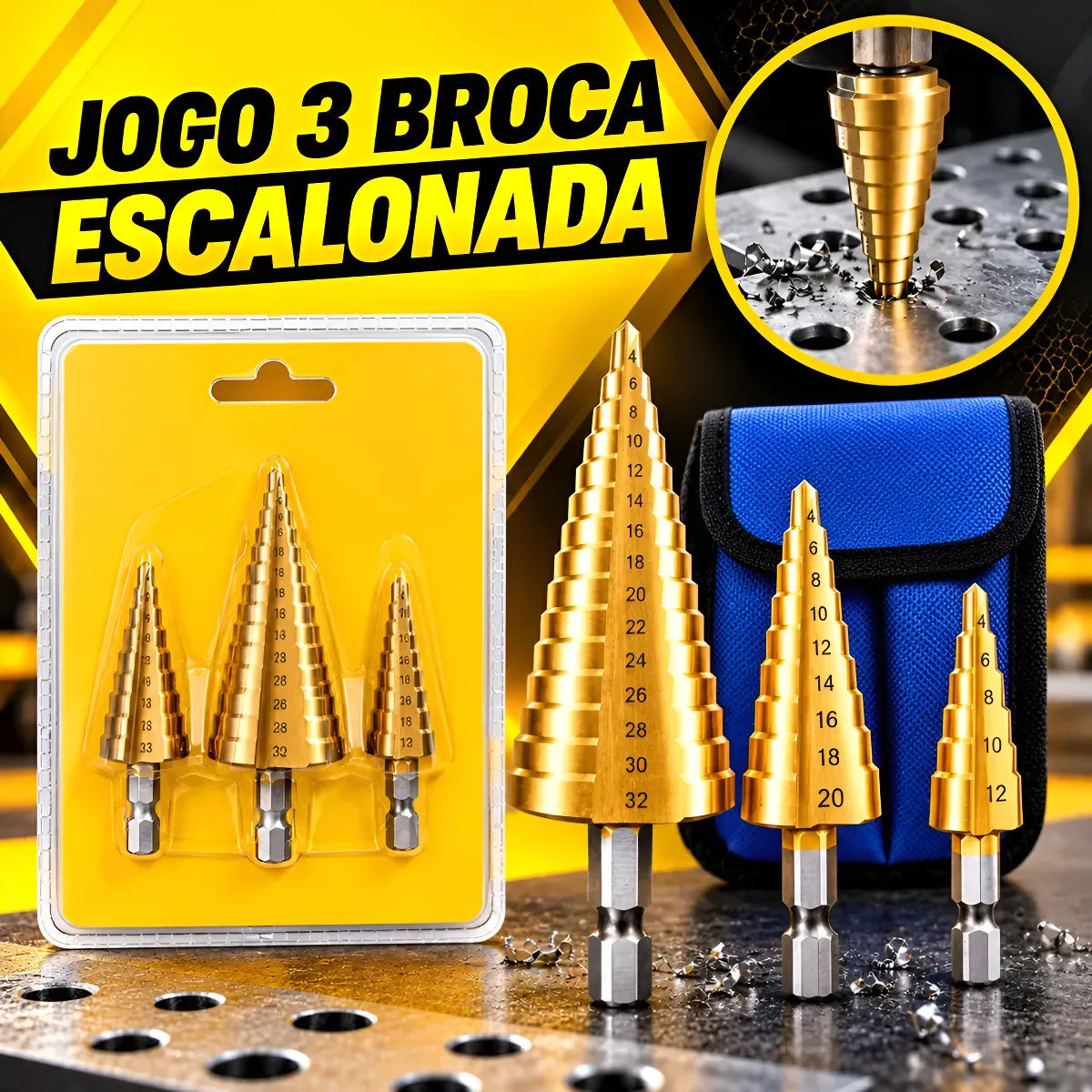 Kit com 3 Brocas Escalonadas 4-12, 4-20 e 4-32 mm Bomvink BOM-5021