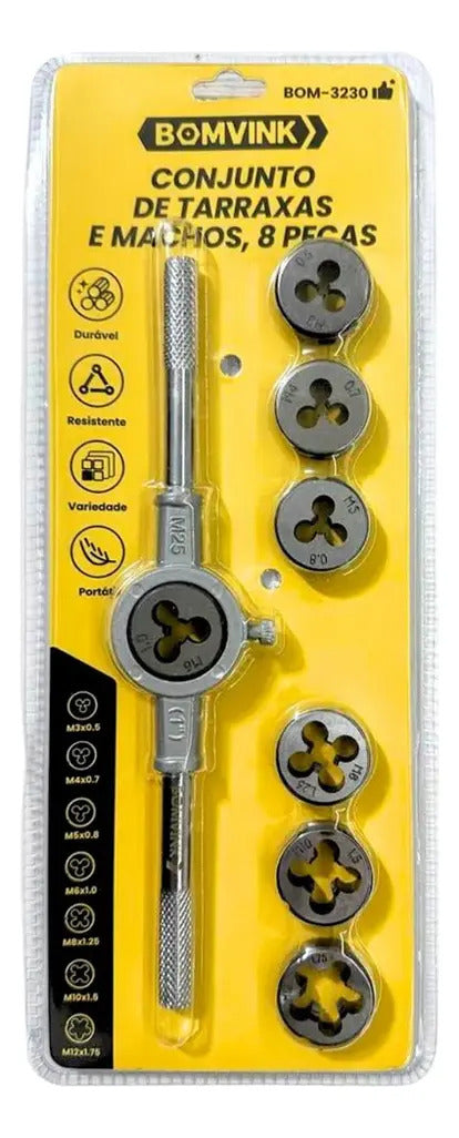Conjunto de Tarraxas e Machos com 8 Peças de Aço M3 a M12 Bomvink BOM-3230