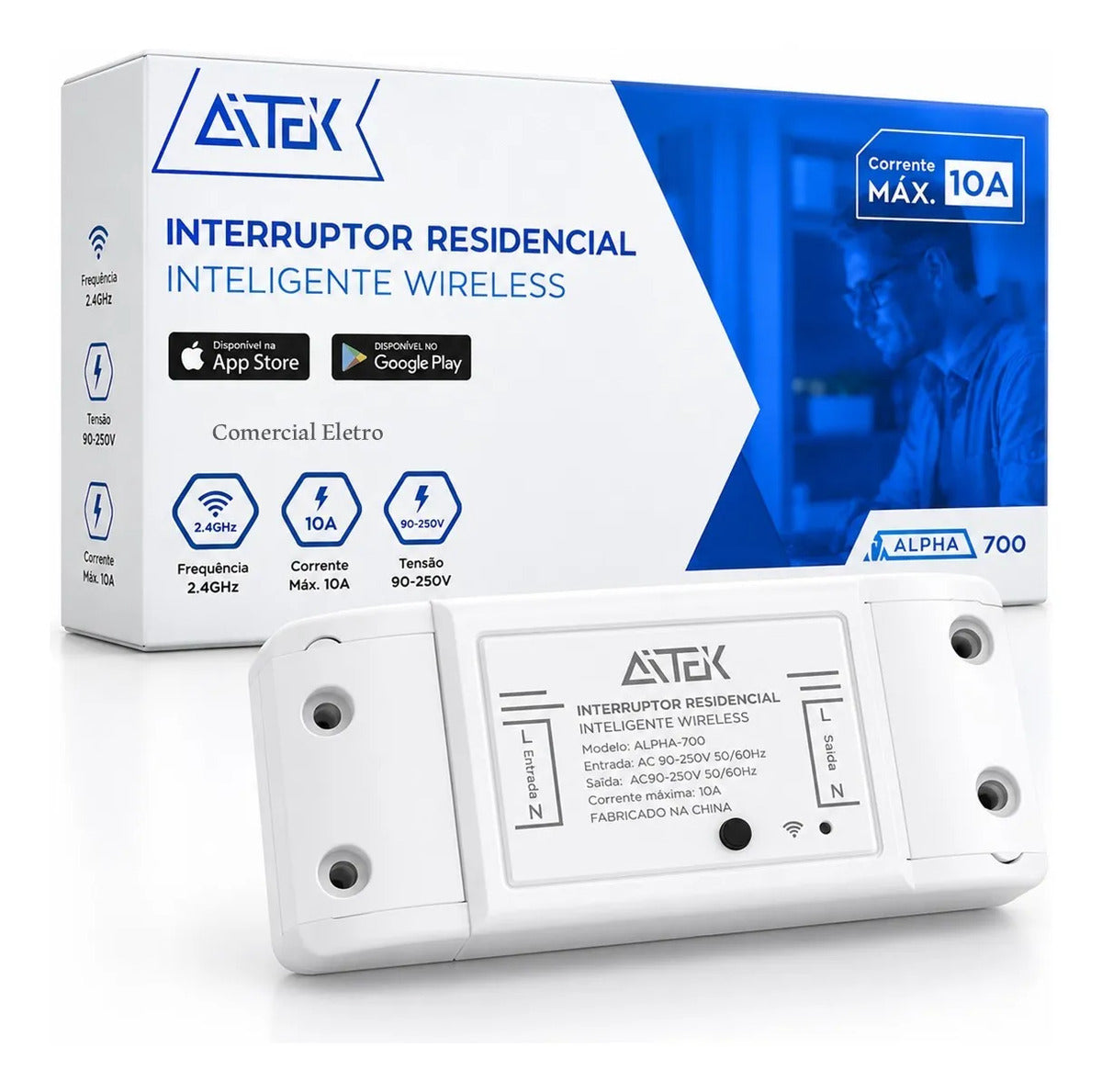 Interruptor Residencial Inteligente Wireless Wi-Fi 10A Bivolt Alexa e Google Aitek Alpha 700
