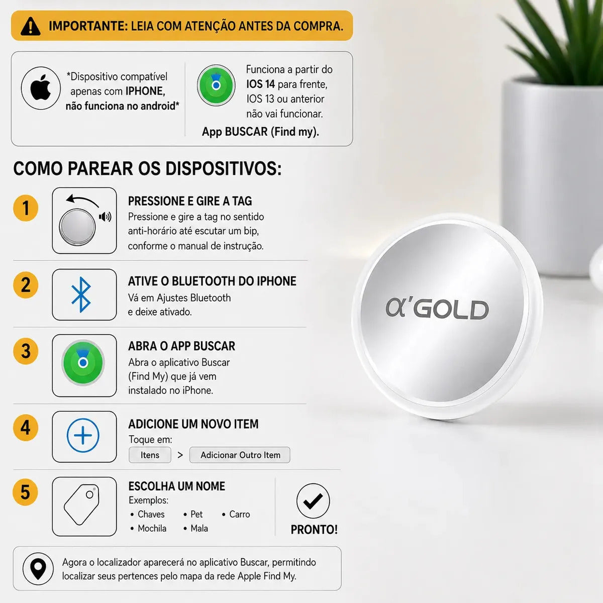 Rastreador de Dispositivos Bluetooth para iPhone (App Buscar) A'Gold TCD-06K