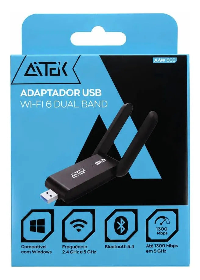 Adaptador USB Wi-Fi 6 Dual Band com Bluetooth 5.4 para PC e Notebook Aitek AAW-602