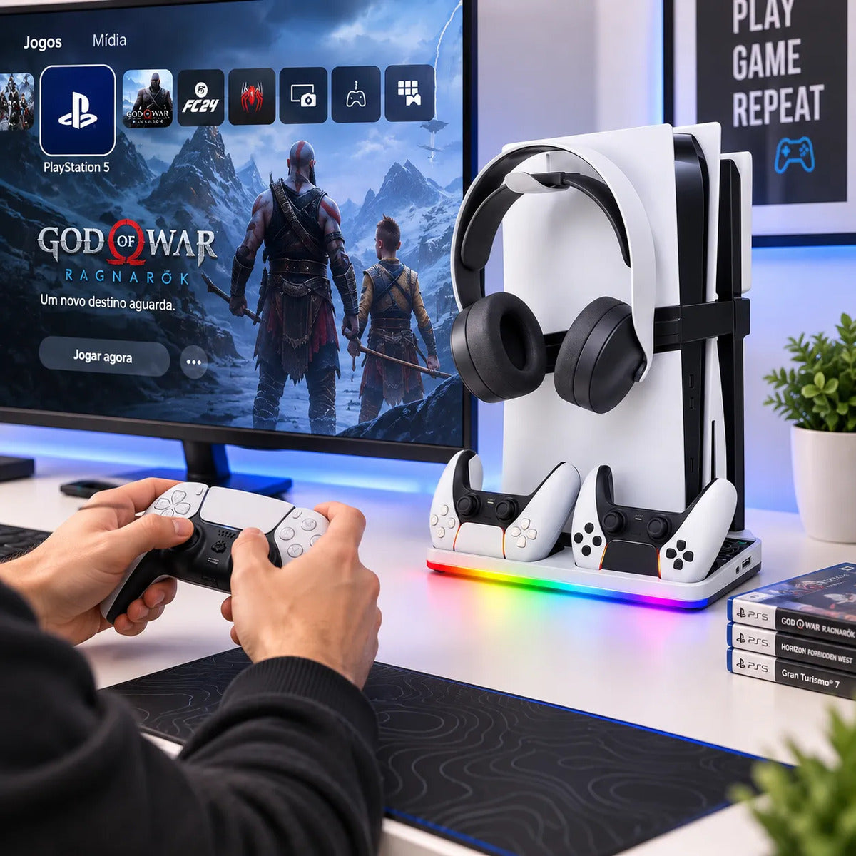 Suporte Multifuncional para PS5 com Carregador de Controles, Cooler e RGB Aitek SP531