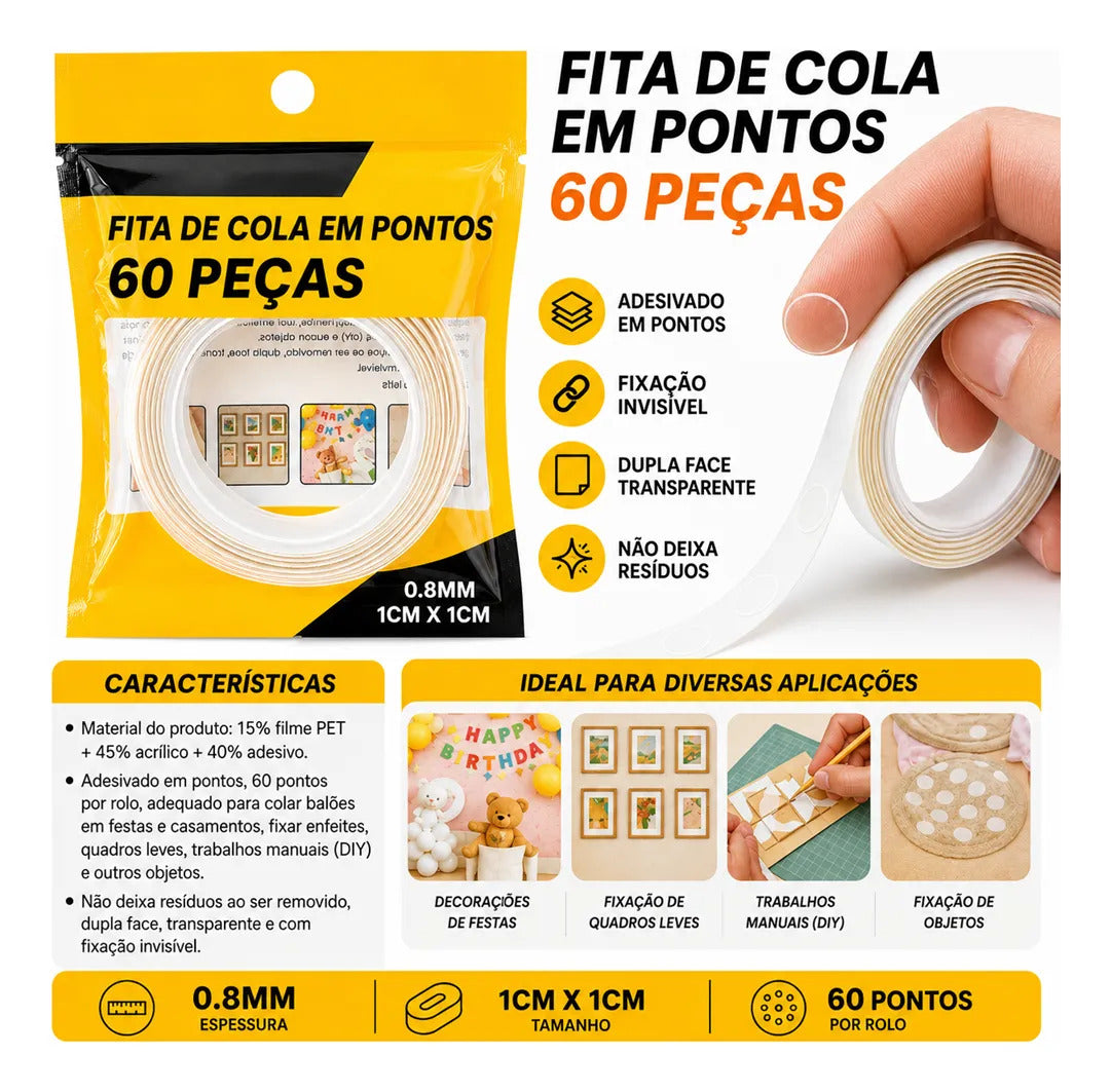 Fita de Cola Dupla Face em Pontos Transparente 60 Peças 1x1 cm Bomvink BOM-1369