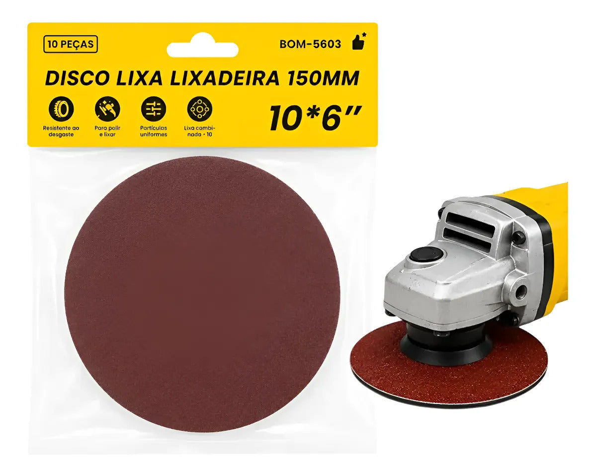 Kit com 10 Discos de Lixa para Lixadeira 150mm Grãos P60 e P180 Fecho de Contato Bomvink BOM-5603