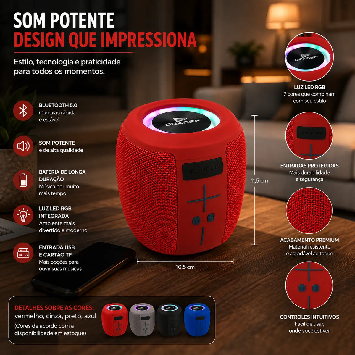 Caixa de Som Bluetooth Portátil RGB 8W com Bateria Recarregável Grasep D-G886