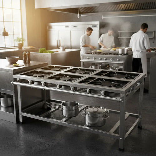 Fogão Industrial Inox P7 6 Boca Qs Qg C/ Pés Reguláveis B.p