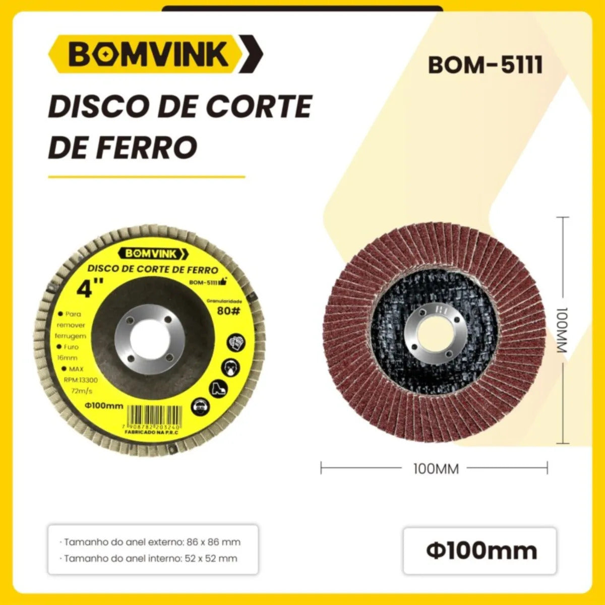 Disco de Corte de Ferro 4 Polegadas 100 mm para Esmerilhadeira Bomvink BOM-5111