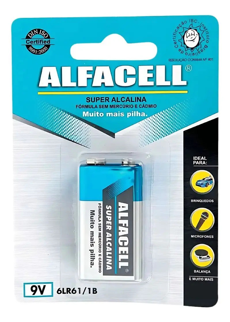 Bateria Alcalina 9V 6LR61 Super Alcalina Alfacell Cartela com 1 Unidade