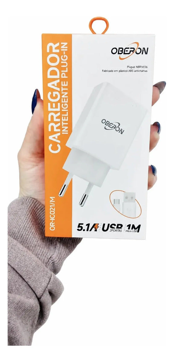 Carregador de Tomada 2 Portas USB 5.1A com Cabo Type-C Oberon OR-IC021/C