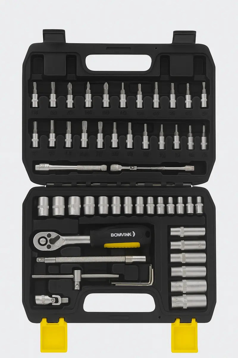 Kit Jogo de Chave Catraca com Soquetes 53 Peças em Aço Cromado com Estojo Bomvink BOM-3913