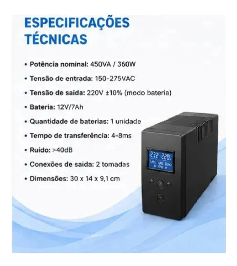 Nobreak 650VA 360W com Display LCD 220V Bateria Interna 12V 7Ah It-Blue MAX-0400