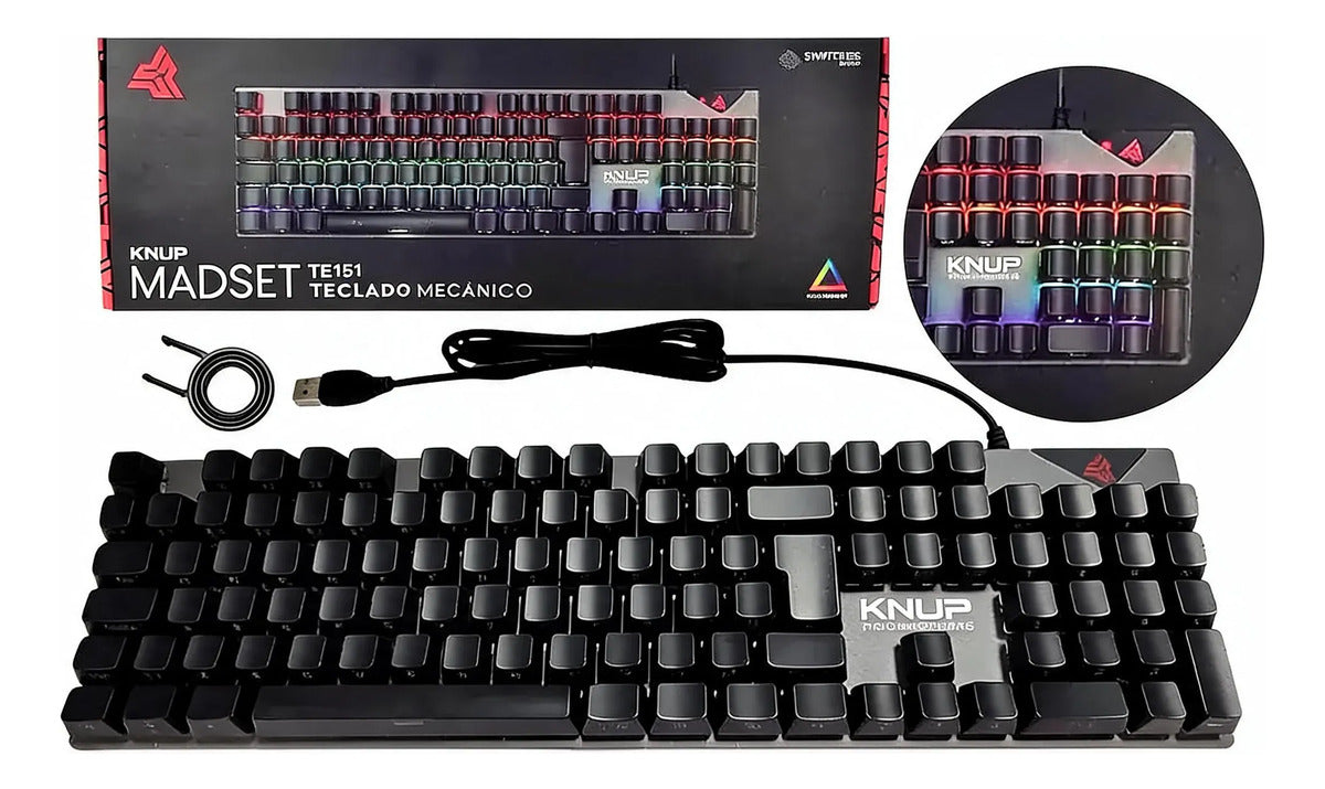 Teclado Gamer Mecânico RGB com Fio USB 1,5 m Switch Azul Knup KP-TE151