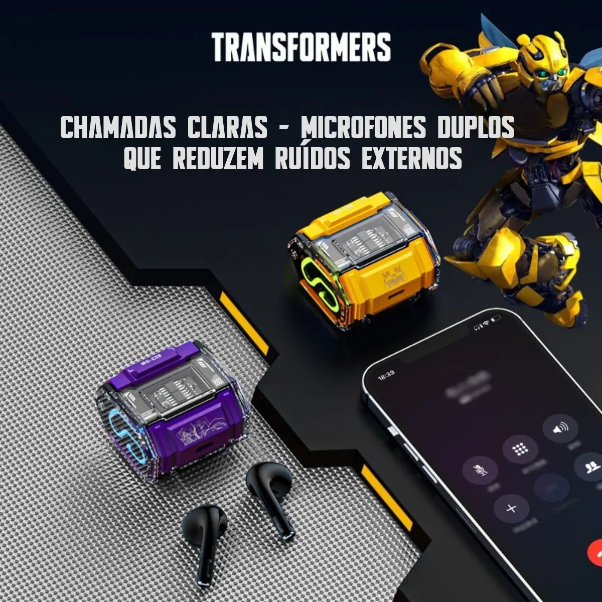 Fone de Ouvido Bluetooth 5.3 TWS sem Fio com Microfone e LED Transformers MG-C03