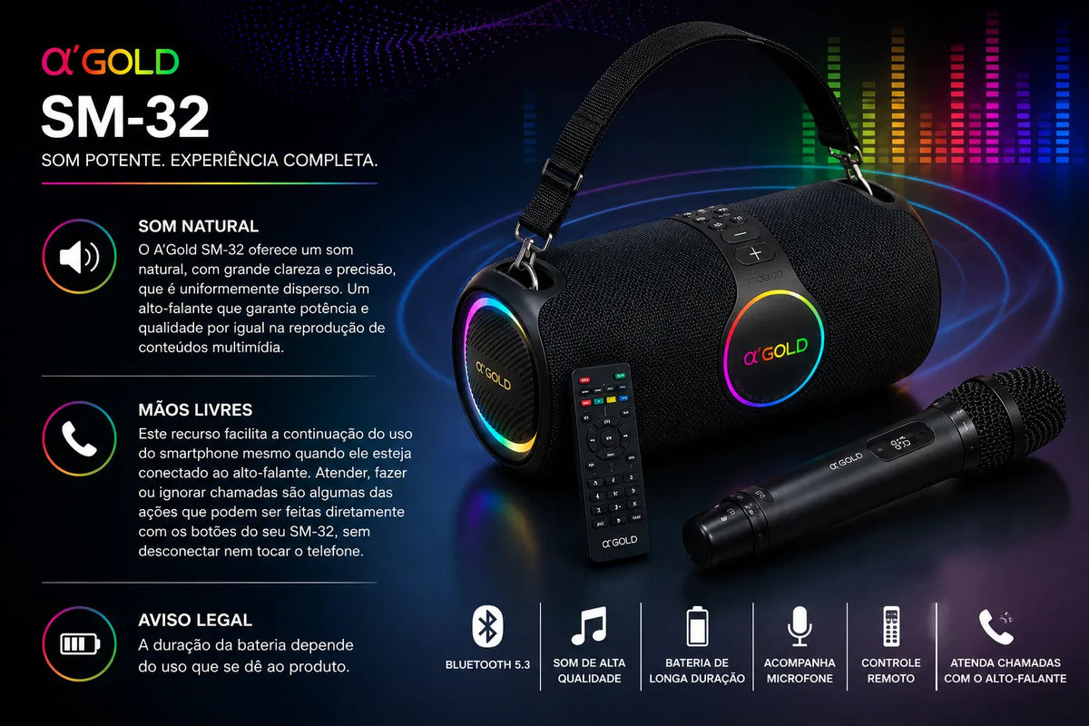 Caixa de Som Bluetooth Portátil com Microfone e Karaokê 120W A'Gold SM-32