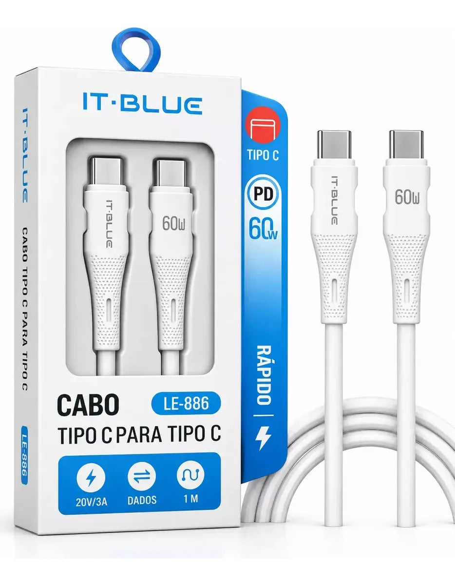 Cabo de Dados USB-C para USB-C 1 Metro 20V 3A 60W It-Blue LE-886