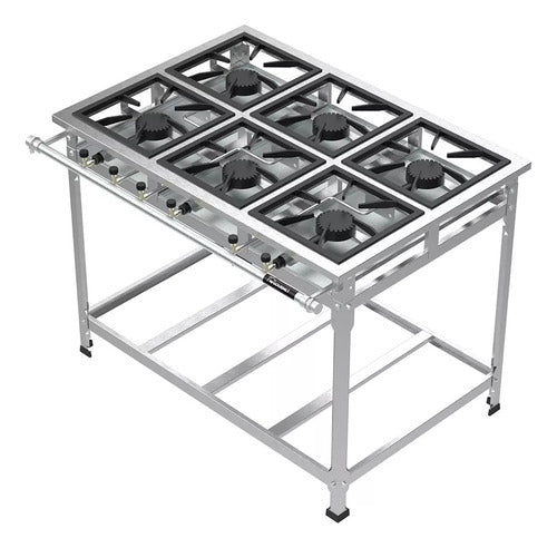 Fogão Industrial Aço Inox 430 Alta Pressão 6 Bocas 6qs