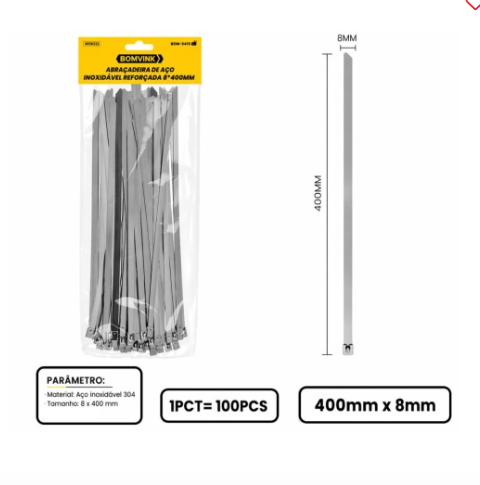 Abraçadeira de Aço Inoxidável com 100 Peças 8 x 400 mm Bomvink BOM-5415