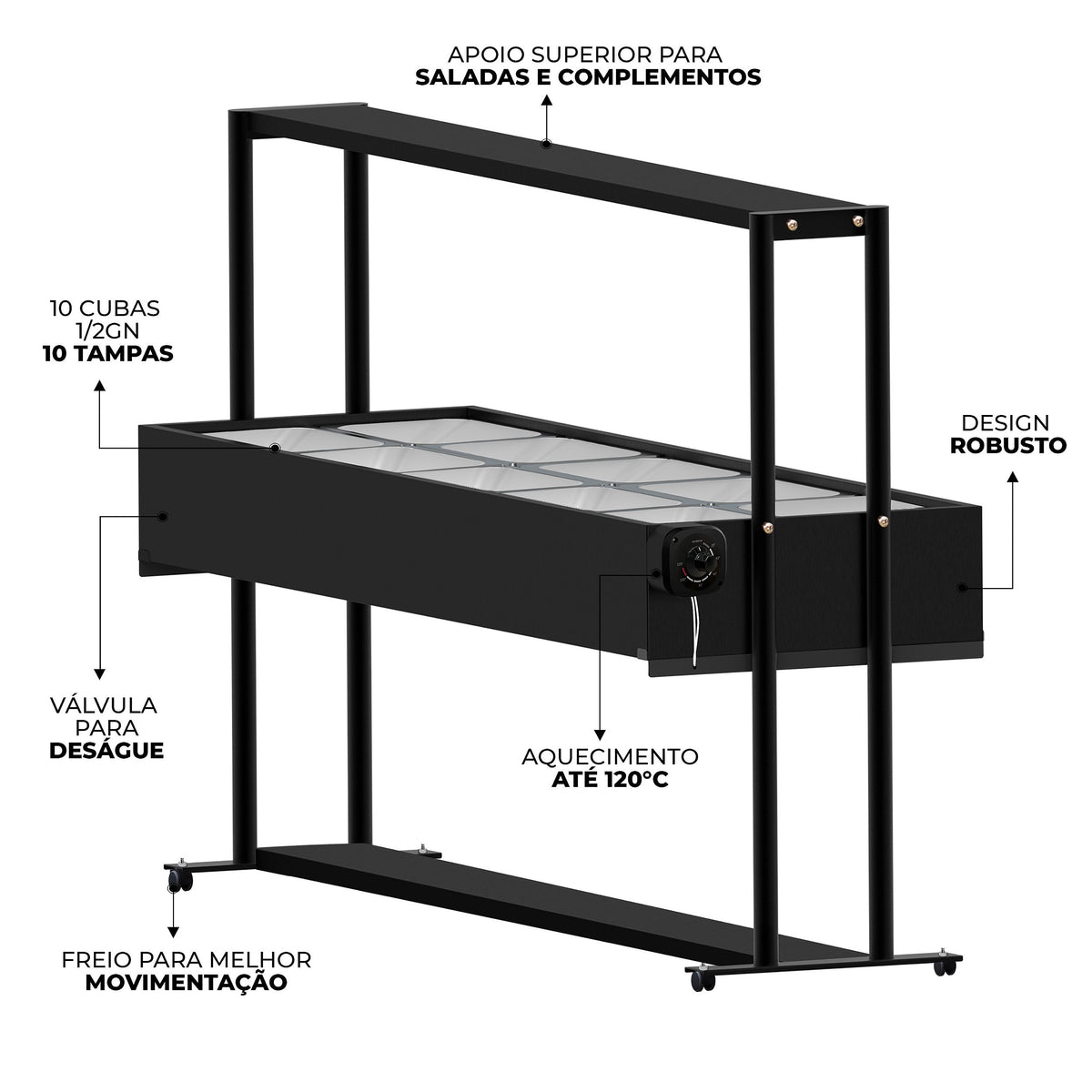 Buffet Térmico Aquecido Saro BF10 com 10 Cubas Inox, Tampa e Rodízios
