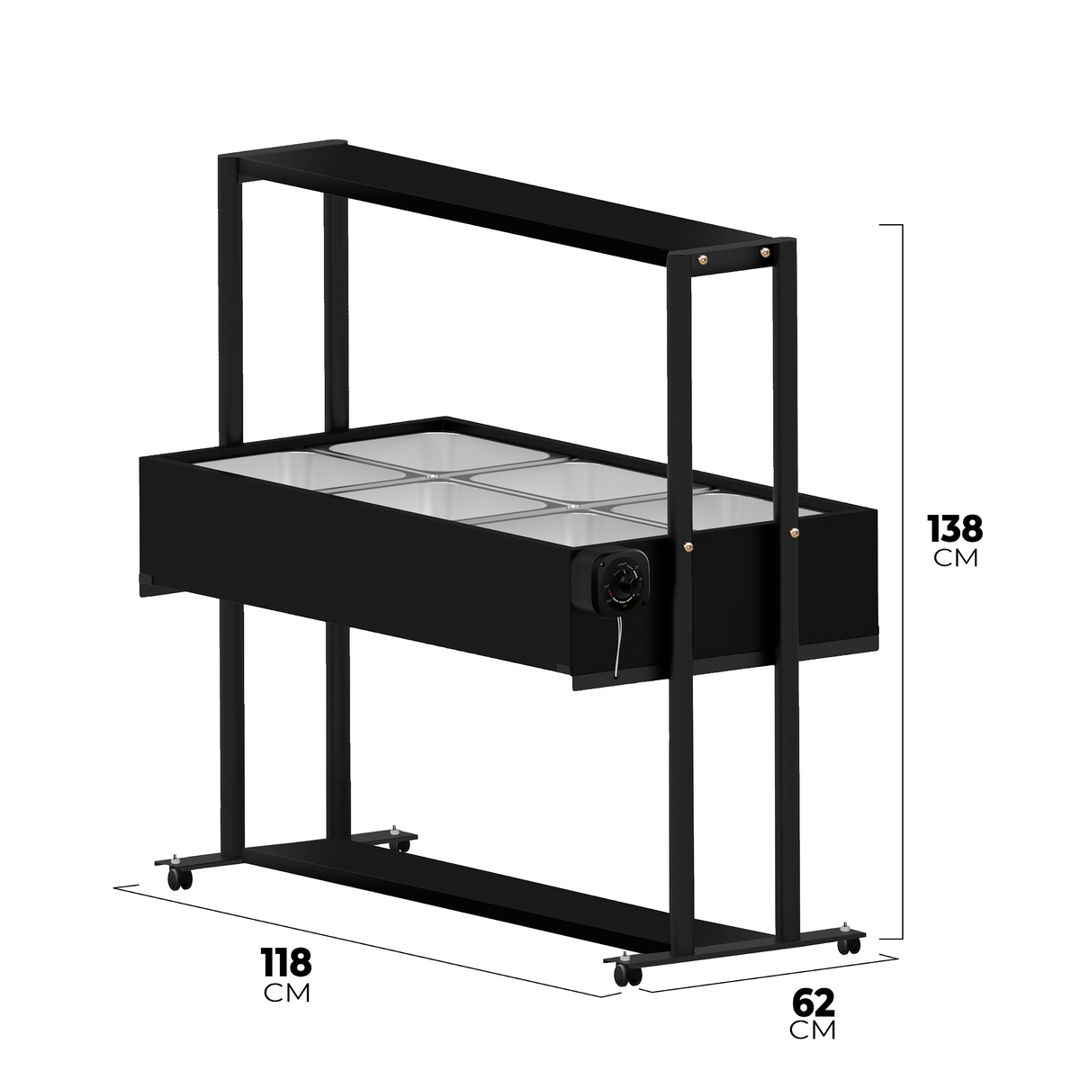 Buffet Térmico Aquecido Saro BF6 com 6 Cubas Inox, Tampa e Rodízios